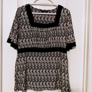East 5th Square Neck Black and White Geometric Pattern Babydoll Blouse - Size XL